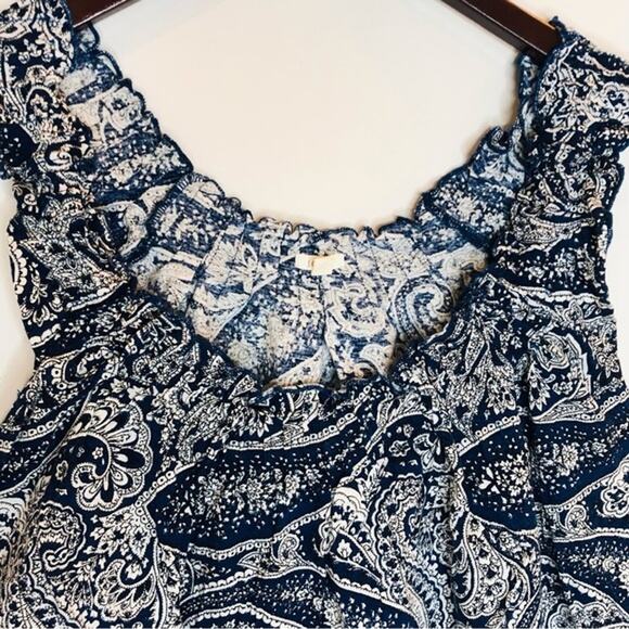 J.Crew Smocked Top Antique Paisley Cropped Tank Trip Coastline Blue White Small - Picture 3 of 11